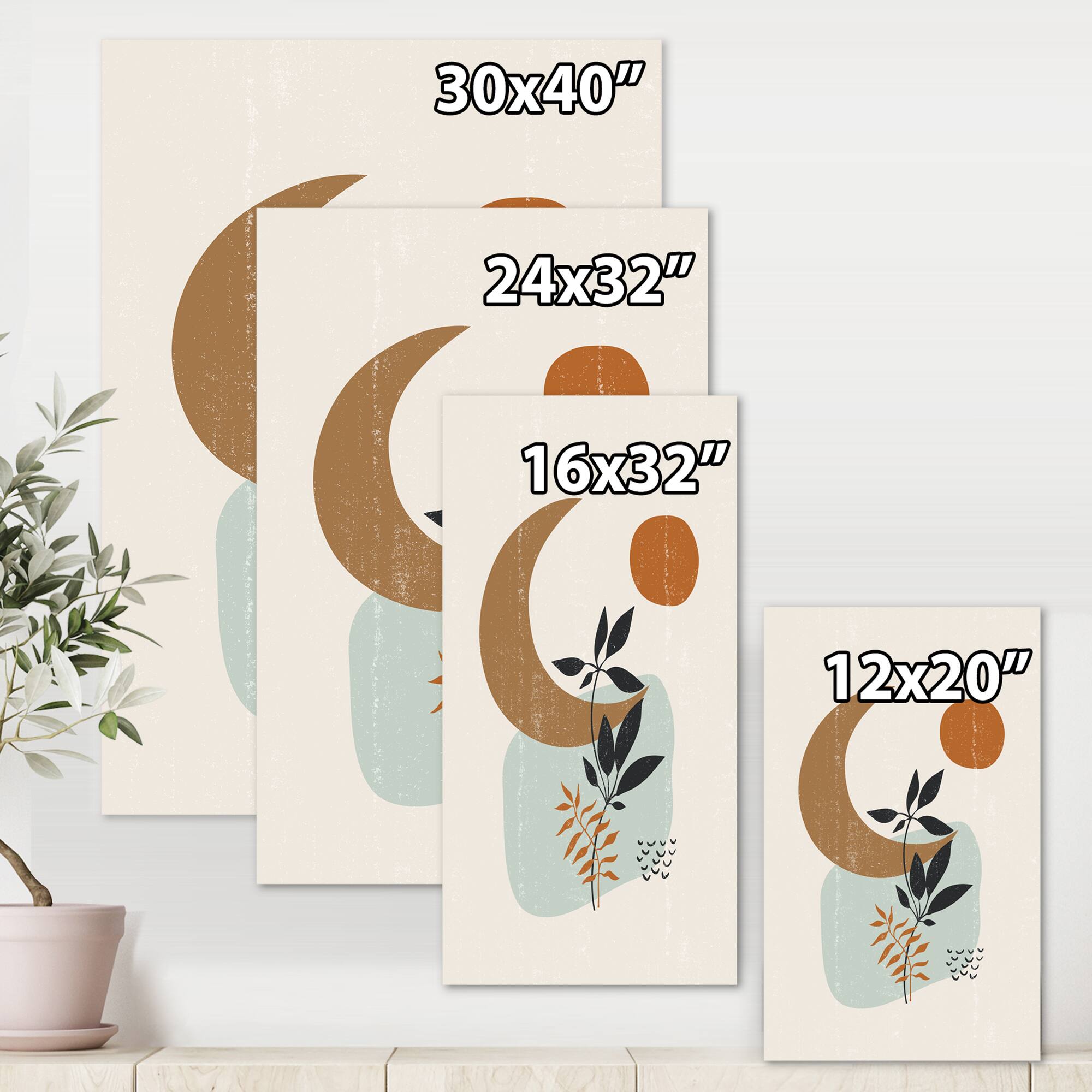 Designart - Abstract Sun & Moon With Minimal Plants - Modern Canvas Wall Art Print